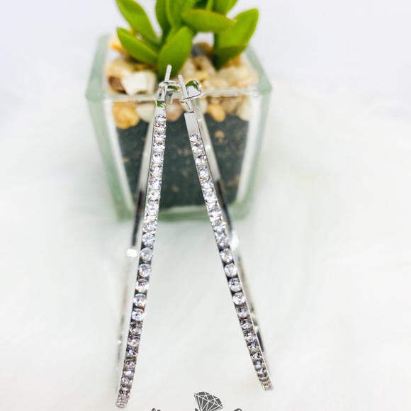 Big Silver Rhinestone Hoop Earrings Bling Earrings - Picture 3 of 3